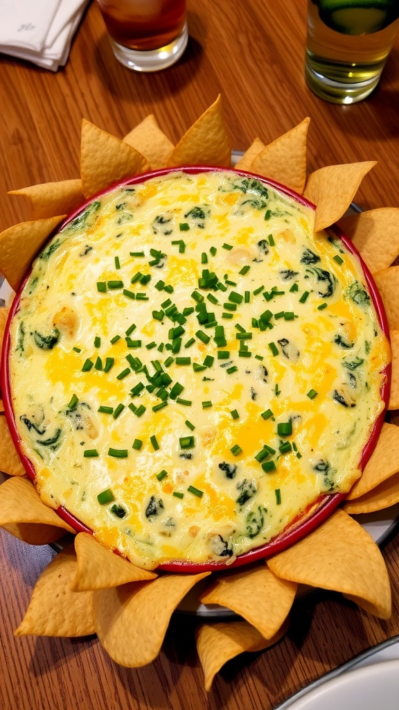 Cheesy spinach and artichoke hot dip with tortilla chips, garnished with herbs.